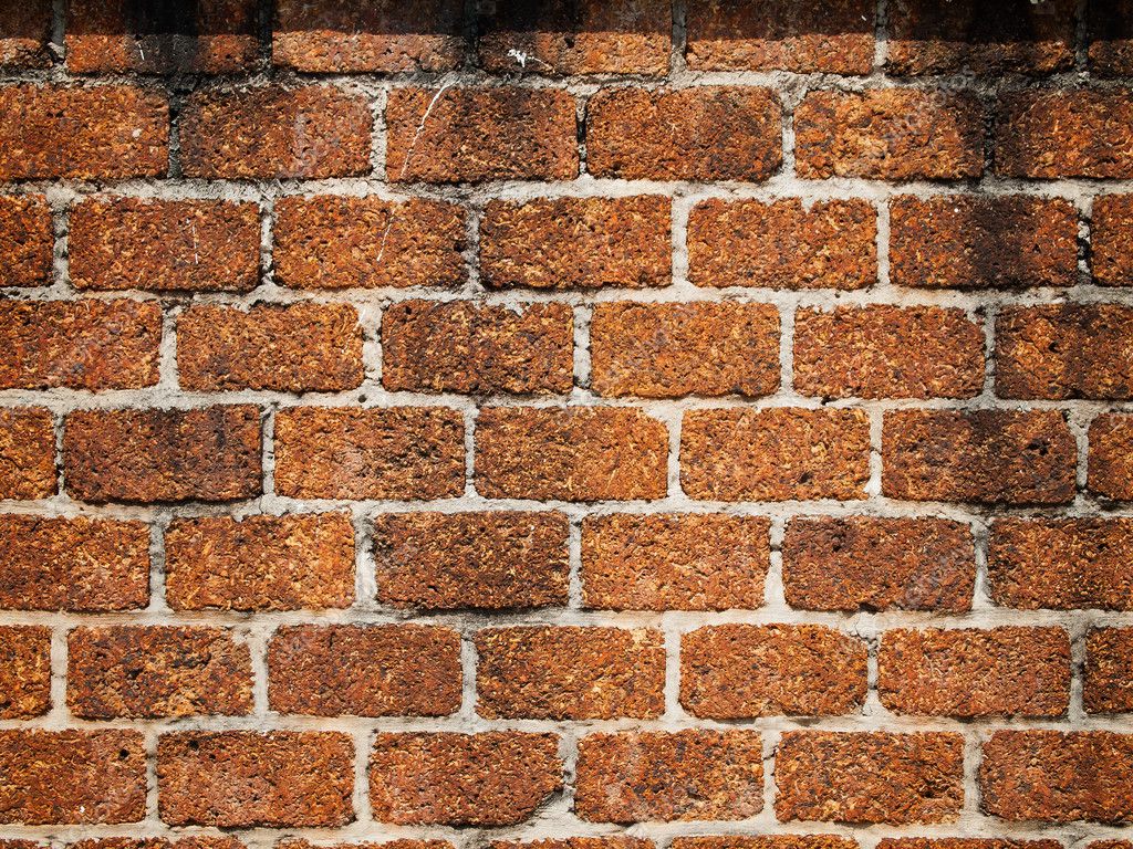 Close-up texture of a laterite stone wall showing rough terracotta blocks and grey mortar joints